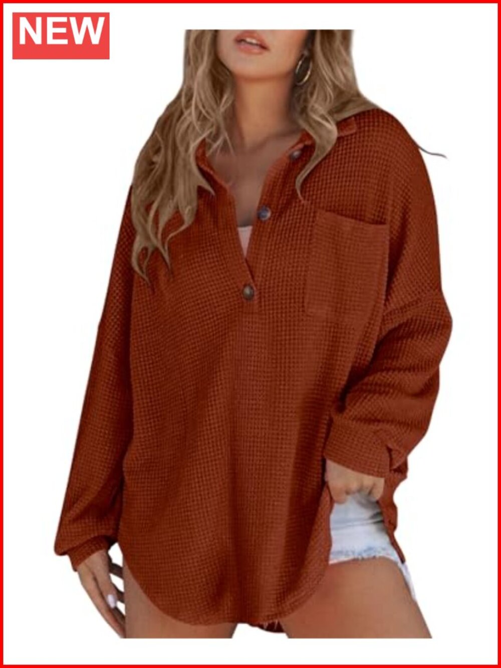 Womens Waffle Knit Tunic Long Sleeve Henley Shirt Oversized